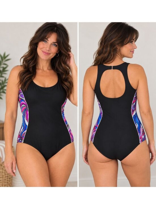 Catalina Other - Catalina Black/Multi Color Racerback One Piece Swimsuit Padded Shelf Bra Size 3X